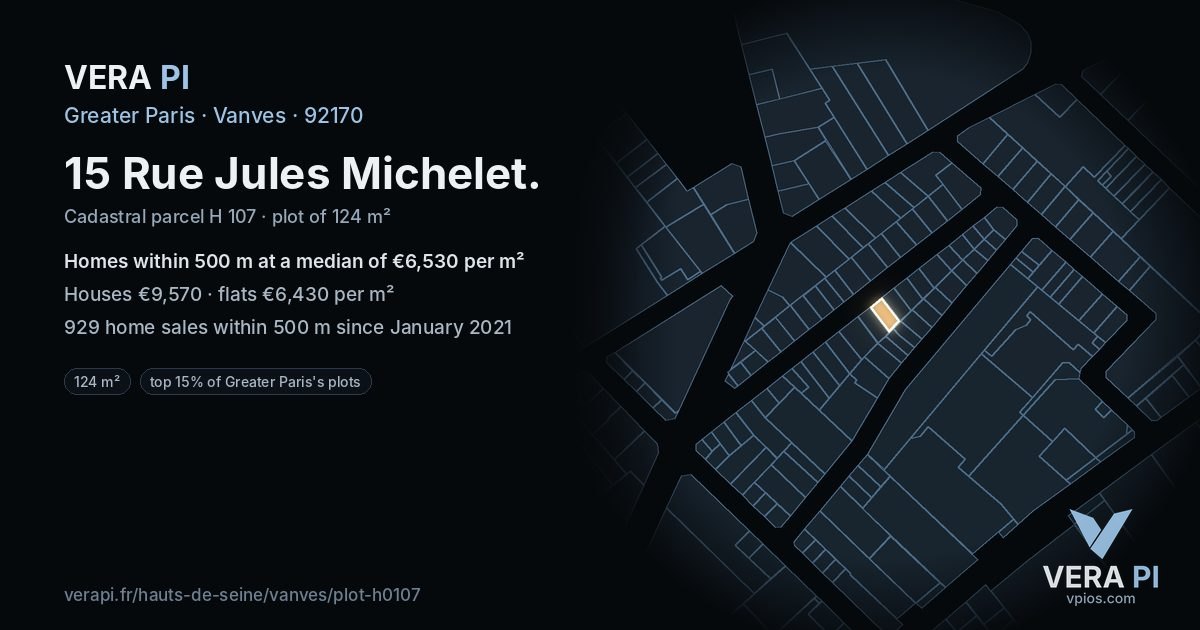 15 Rue Jules Michelet, Vanves at night – the plot lit, the parcels around coloured by the prices near them