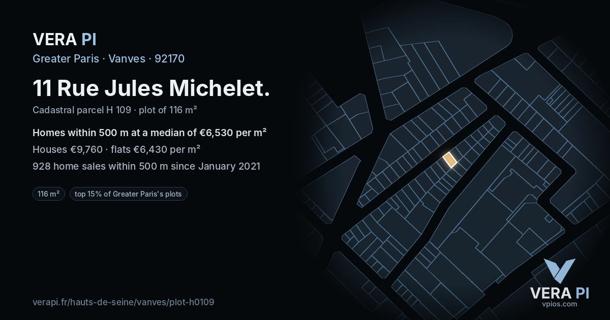 11 Rue Jules Michelet, Vanves at night – the plot lit, the parcels around coloured by the prices near them