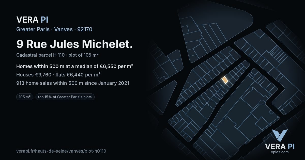 9 Rue Jules Michelet, Vanves at night – the plot lit, the parcels around coloured by the prices near them