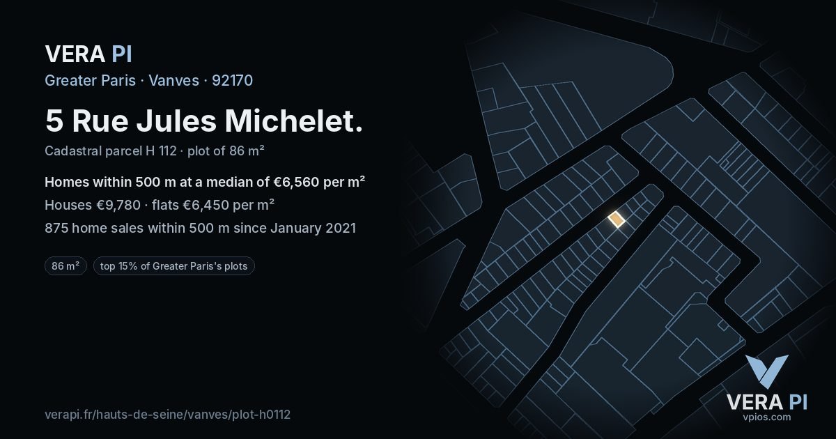 5 Rue Jules Michelet, Vanves at night – the plot lit, the parcels around coloured by the prices near them