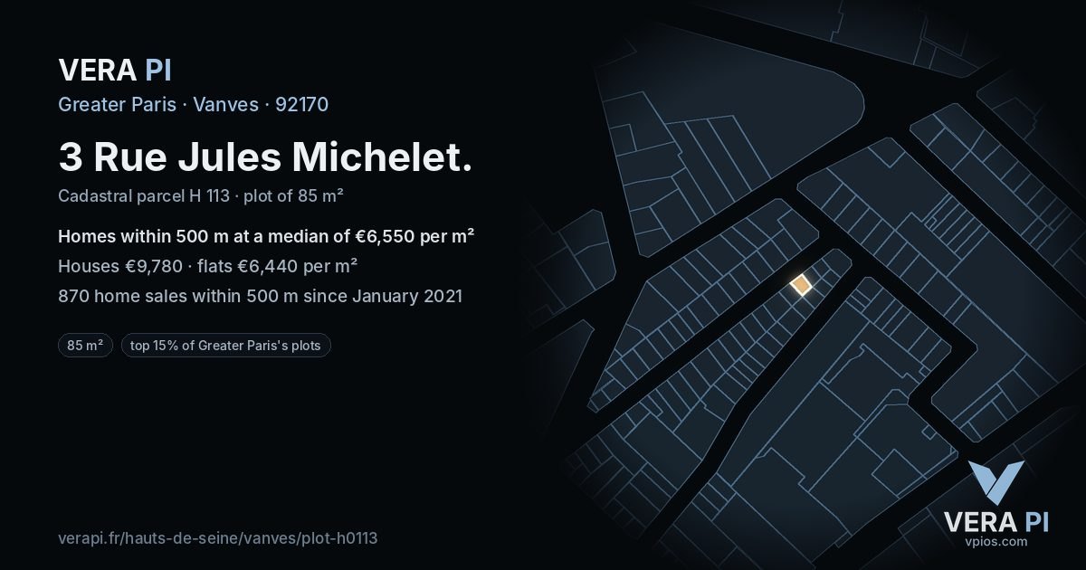 3 Rue Jules Michelet, Vanves at night – the plot lit, the parcels around coloured by the prices near them