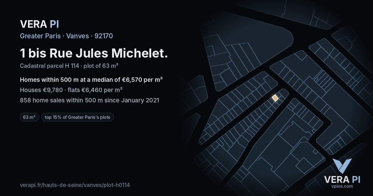 1 bis Rue Jules Michelet, Vanves at night – the plot lit, the parcels around coloured by the prices near them