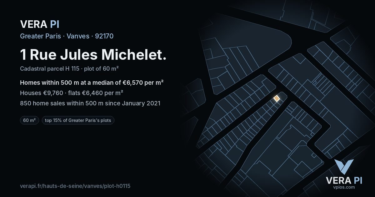 1 Rue Jules Michelet, Vanves at night – the plot lit, the parcels around coloured by the prices near them