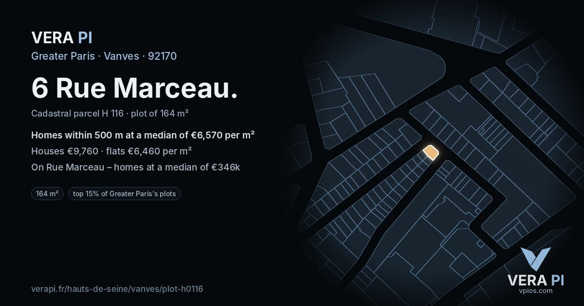 6 Rue Marceau, Vanves at night – the plot lit, the parcels around coloured by the prices near them
