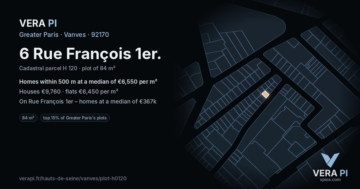 6 Rue François 1er, Vanves at night – the plot lit, the parcels around coloured by the prices near them
