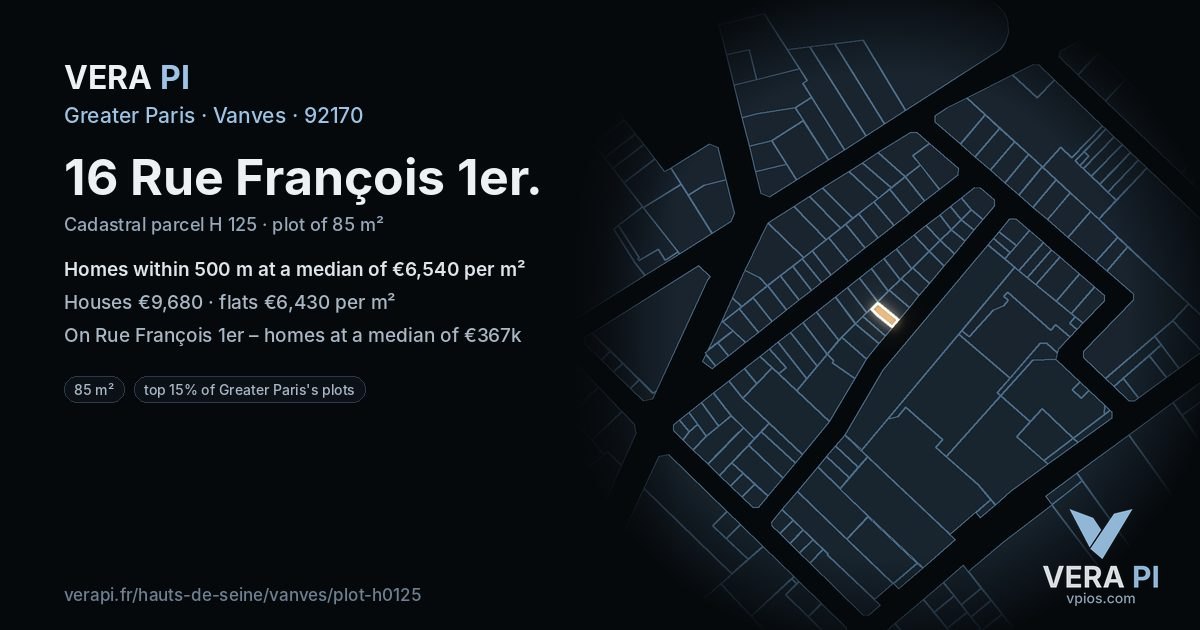 16 Rue François 1er, Vanves at night – the plot lit, the parcels around coloured by the prices near them
