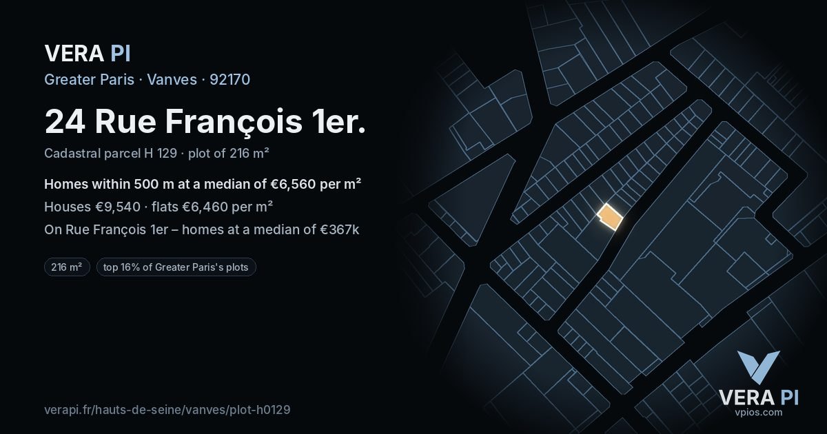 24 Rue François 1er, Vanves at night – the plot lit, the parcels around coloured by the prices near them