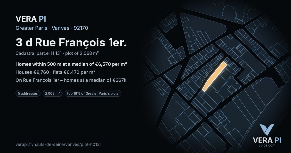 3 d Rue François 1er, Vanves at night – the plot lit, the parcels around coloured by the prices near them