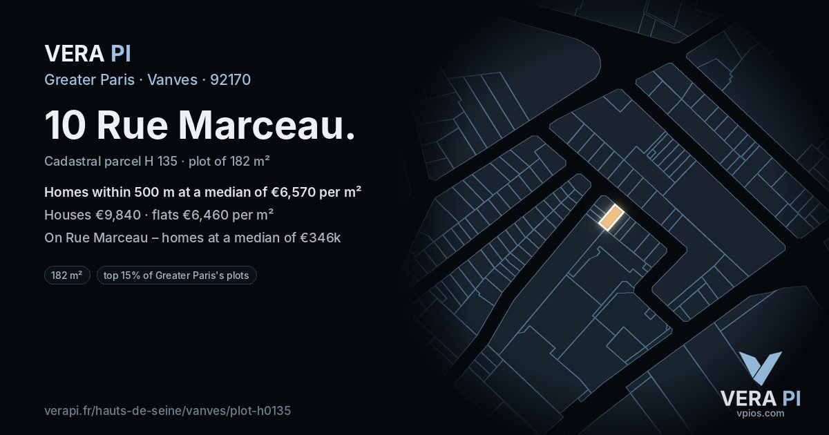 10 Rue Marceau, Vanves at night – the plot lit, the parcels around coloured by the prices near them