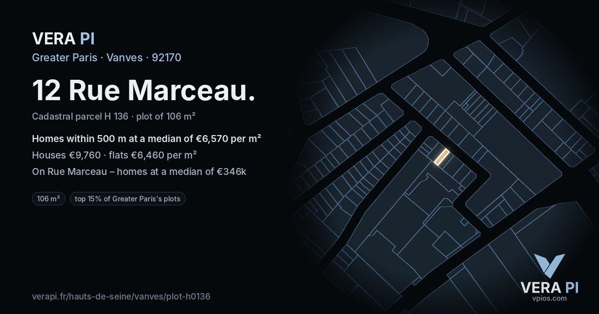 12 Rue Marceau, Vanves at night – the plot lit, the parcels around coloured by the prices near them