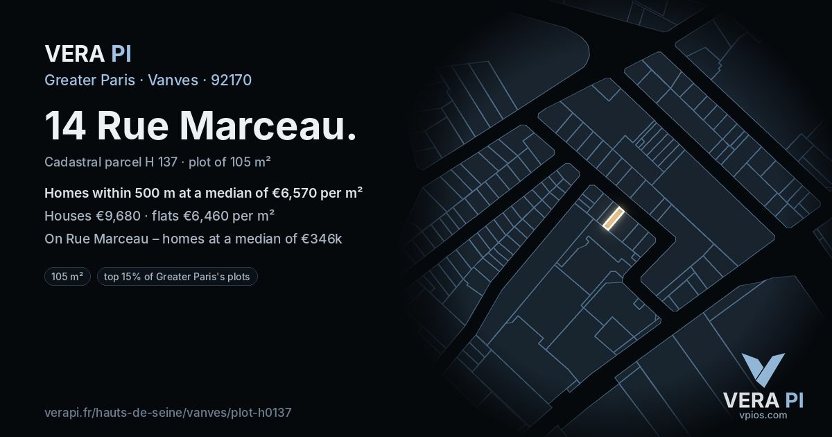 14 Rue Marceau, Vanves at night – the plot lit, the parcels around coloured by the prices near them