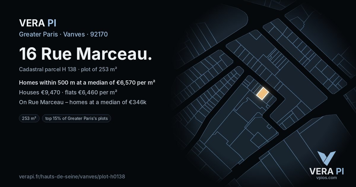 16 Rue Marceau, Vanves at night – the plot lit, the parcels around coloured by the prices near them