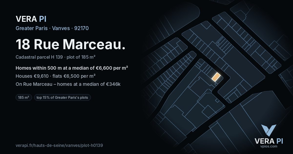 18 Rue Marceau, Vanves at night – the plot lit, the parcels around coloured by the prices near them