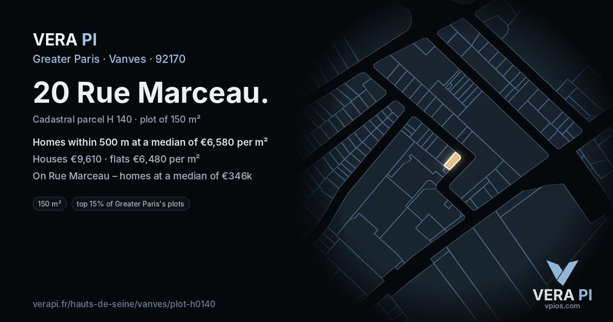 20 Rue Marceau, Vanves at night – the plot lit, the parcels around coloured by the prices near them