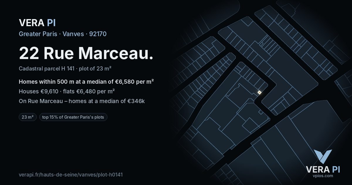 22 Rue Marceau, Vanves at night – the plot lit, the parcels around coloured by the prices near them
