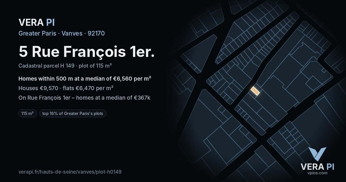 5 Rue François 1er, Vanves at night – the plot lit, the parcels around coloured by the prices near them