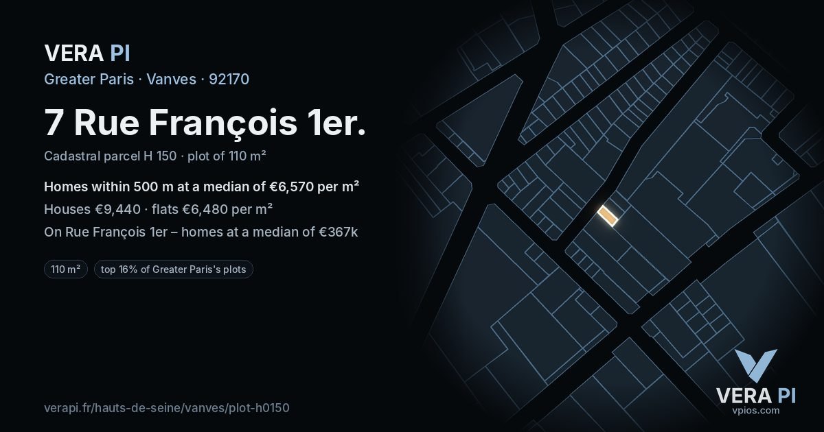7 Rue François 1er, Vanves at night – the plot lit, the parcels around coloured by the prices near them