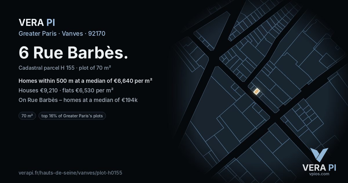 6 Rue Barbès, Vanves at night – the plot lit, the parcels around coloured by the prices near them