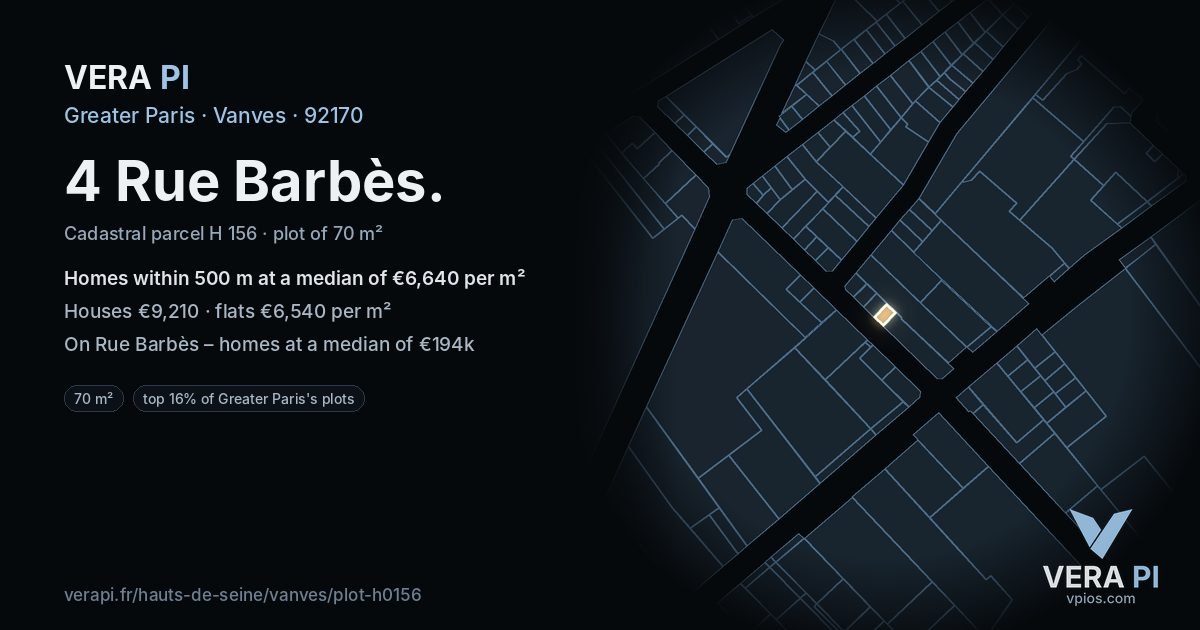 4 Rue Barbès, Vanves at night – the plot lit, the parcels around coloured by the prices near them