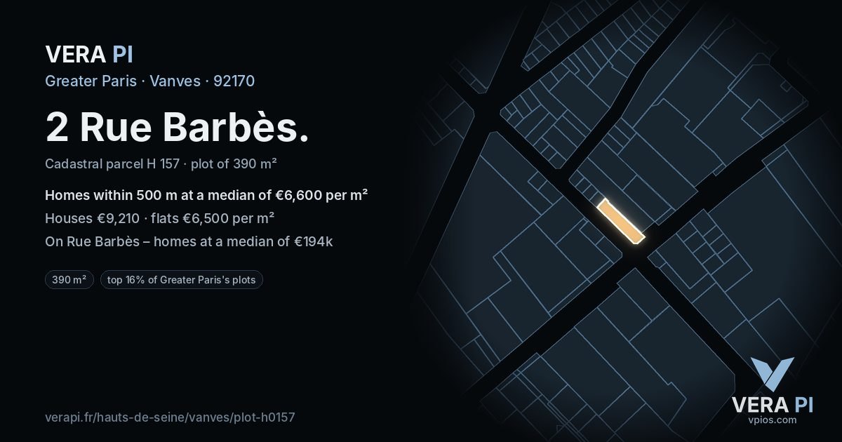2 Rue Barbès, Vanves at night – the plot lit, the parcels around coloured by the prices near them