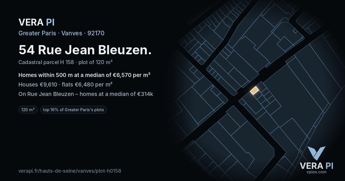 54 Rue Jean Bleuzen, Vanves at night – the plot lit, the parcels around coloured by the prices near them