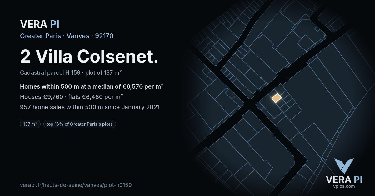 2 Villa Colsenet, Vanves at night – the plot lit, the parcels around coloured by the prices near them