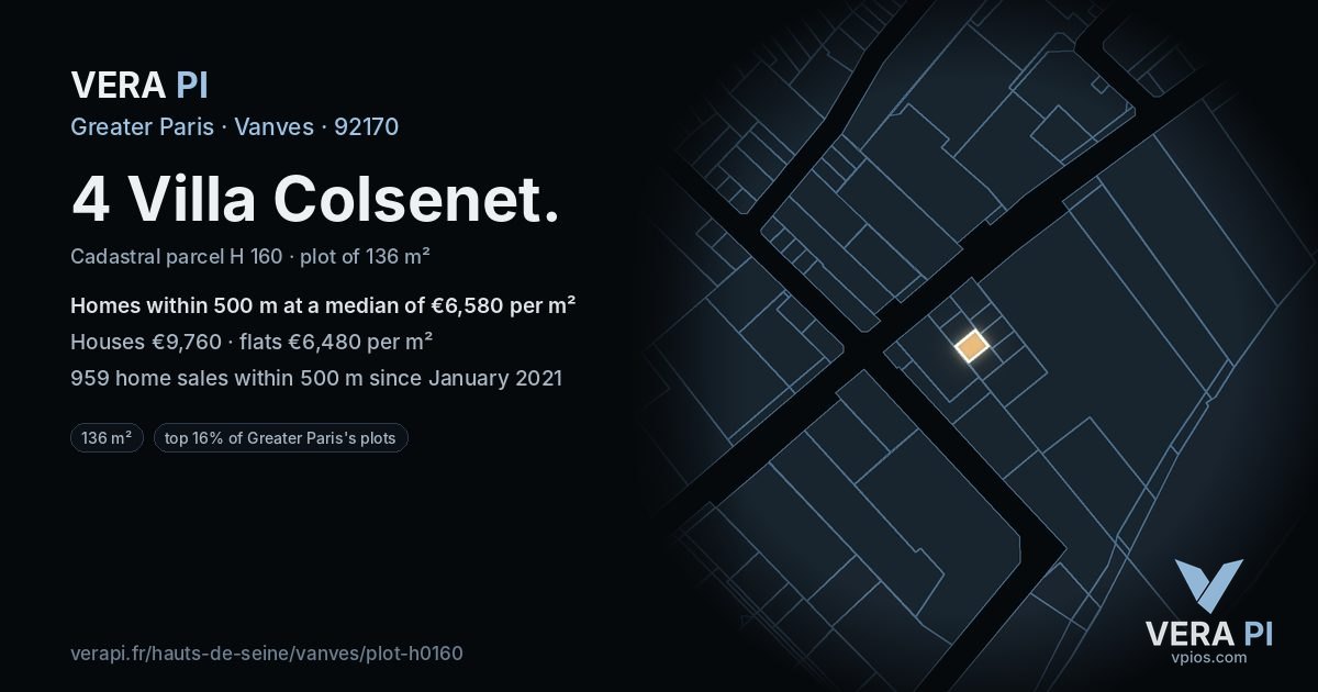 4 Villa Colsenet, Vanves at night – the plot lit, the parcels around coloured by the prices near them