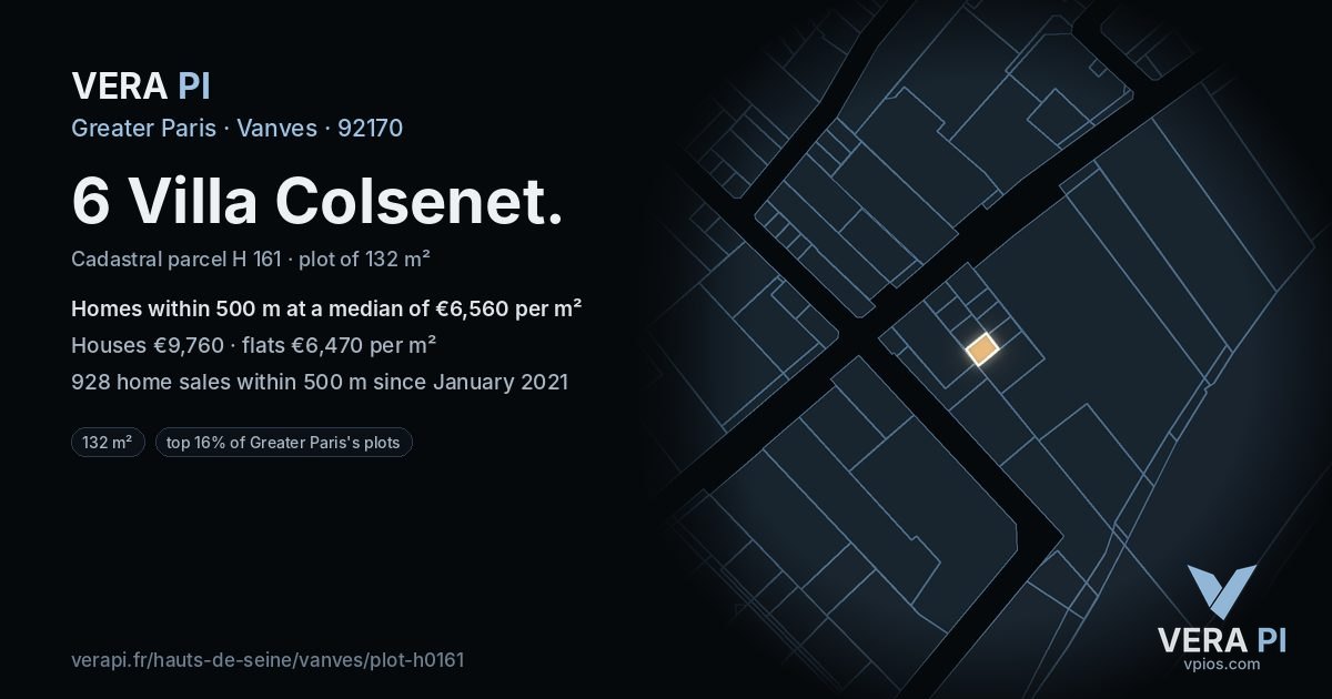 6 Villa Colsenet, Vanves at night – the plot lit, the parcels around coloured by the prices near them