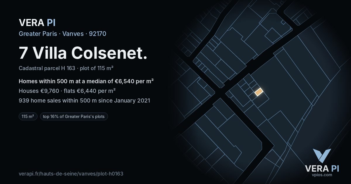 7 Villa Colsenet, Vanves at night – the plot lit, the parcels around coloured by the prices near them