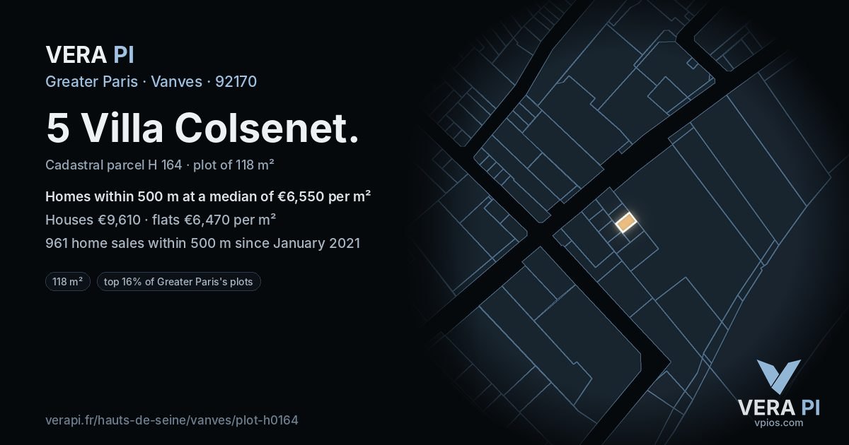 5 Villa Colsenet, Vanves at night – the plot lit, the parcels around coloured by the prices near them