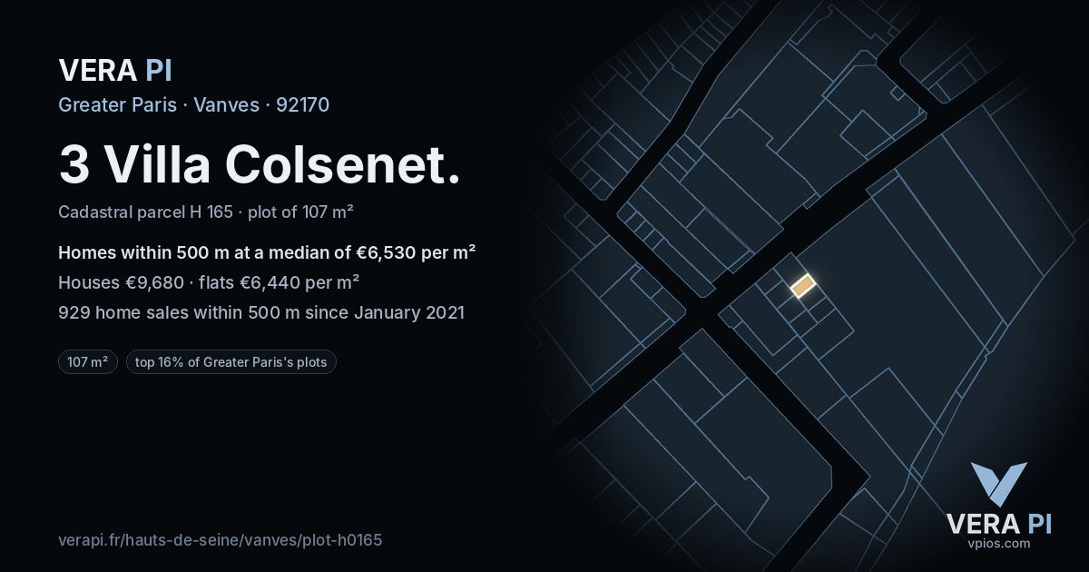 3 Villa Colsenet, Vanves at night – the plot lit, the parcels around coloured by the prices near them