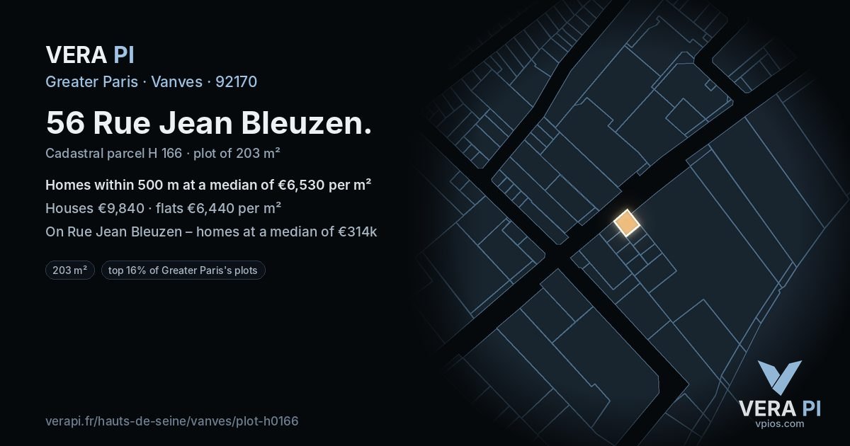 56 Rue Jean Bleuzen, Vanves at night – the plot lit, the parcels around coloured by the prices near them