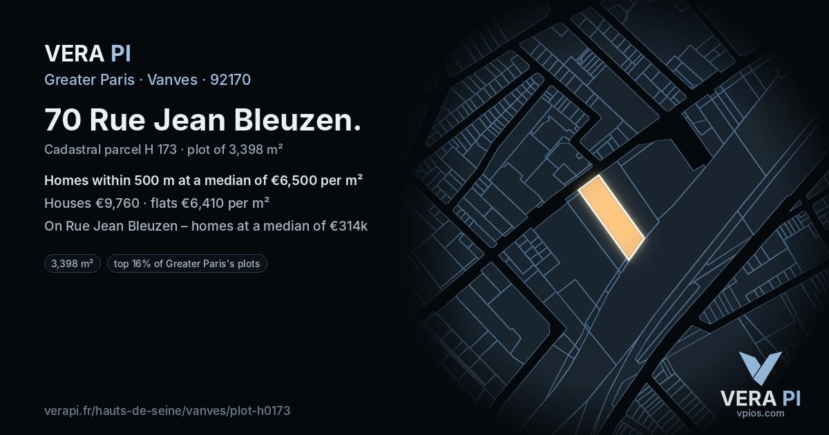 70 Rue Jean Bleuzen, Vanves at night – the plot lit, the parcels around coloured by the prices near them