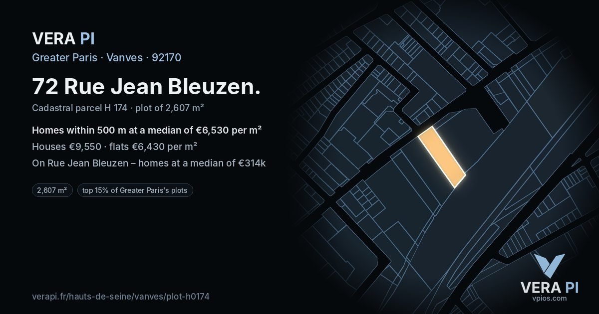 72 Rue Jean Bleuzen, Vanves at night – the plot lit, the parcels around coloured by the prices near them