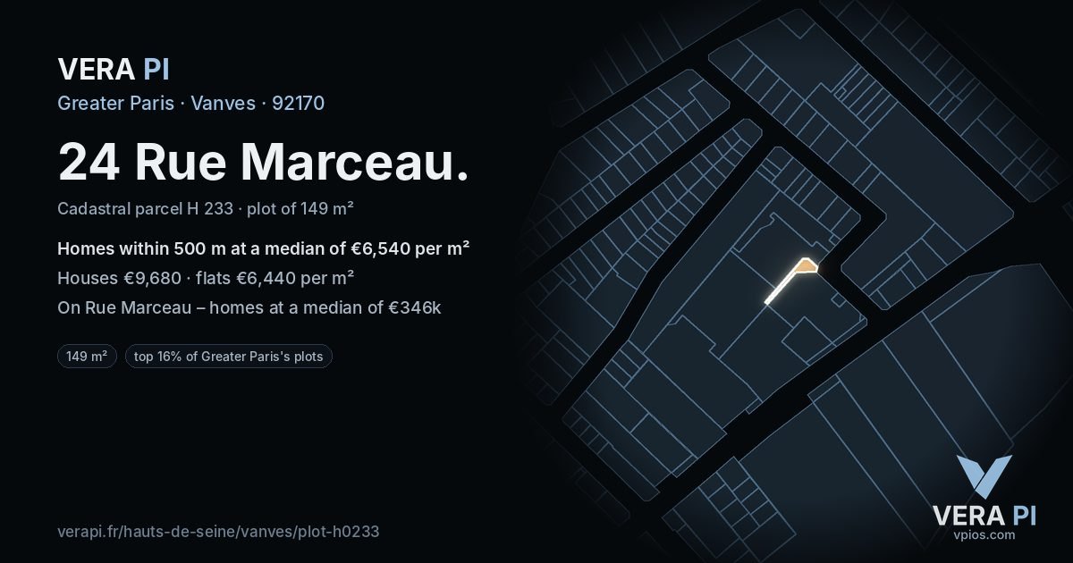 24 Rue Marceau, Vanves at night – the plot lit, the parcels around coloured by the prices near them