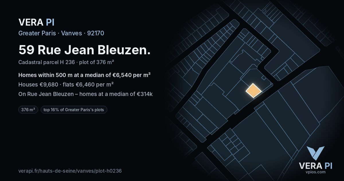 59 Rue Jean Bleuzen, Vanves at night – the plot lit, the parcels around coloured by the prices near them