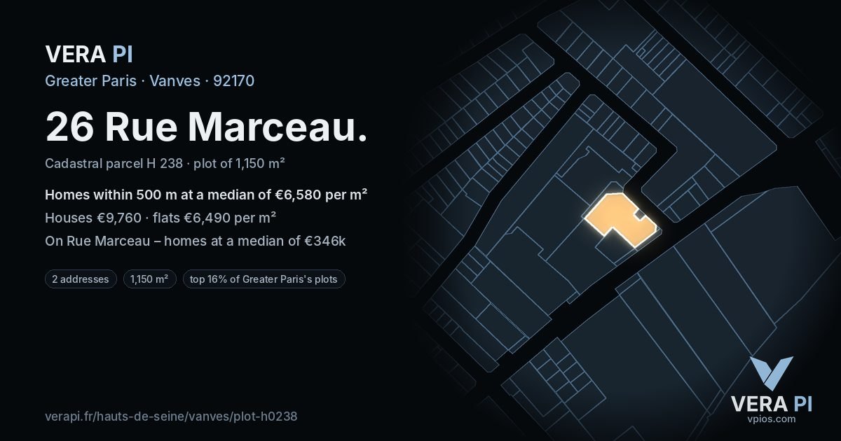 26 Rue Marceau, Vanves at night – the plot lit, the parcels around coloured by the prices near them