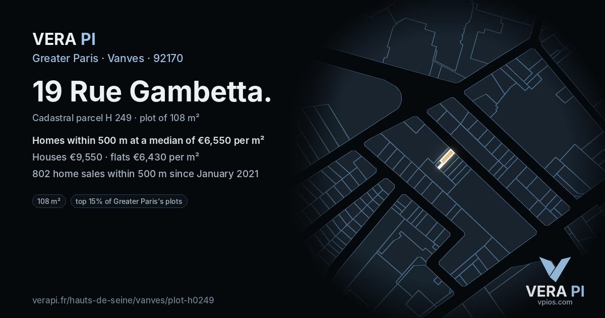 19 Rue Gambetta, Vanves at night – the plot lit, the parcels around coloured by the prices near them