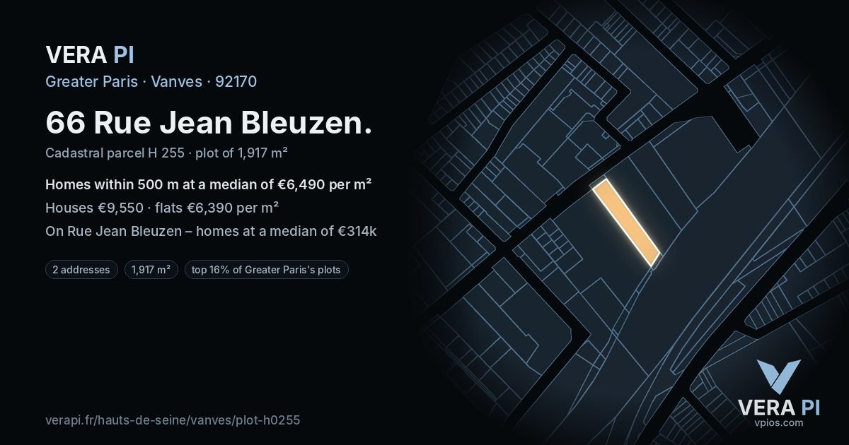 66 Rue Jean Bleuzen, Vanves at night – the plot lit, the parcels around coloured by the prices near them