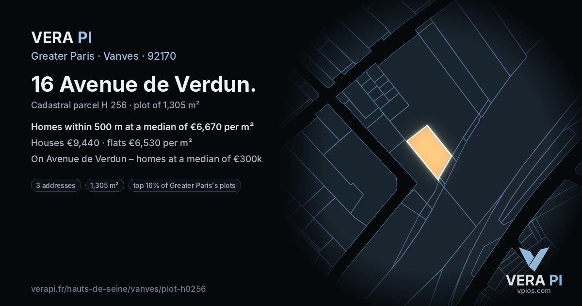 16 Avenue de Verdun, Vanves at night – the plot lit, the parcels around coloured by the prices near them