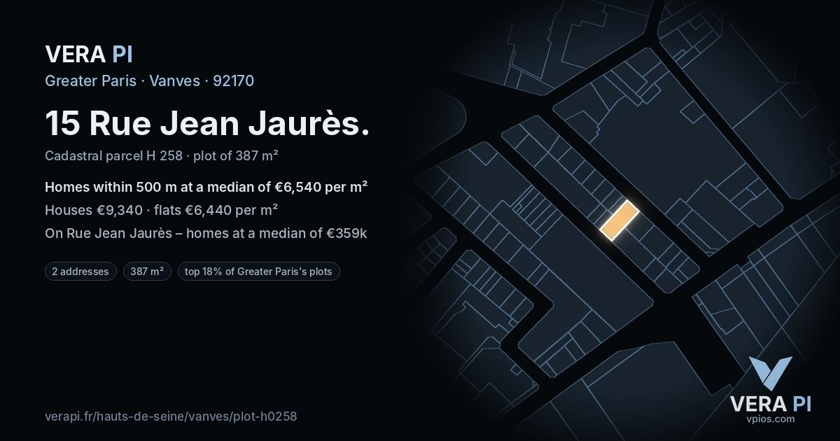 15 Rue Jean Jaurès, Vanves at night – the plot lit, the parcels around coloured by the prices near them