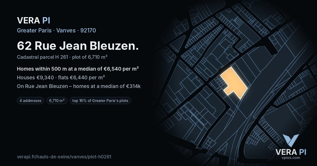 62 Rue Jean Bleuzen, Vanves at night – the plot lit, the parcels around coloured by the prices near them