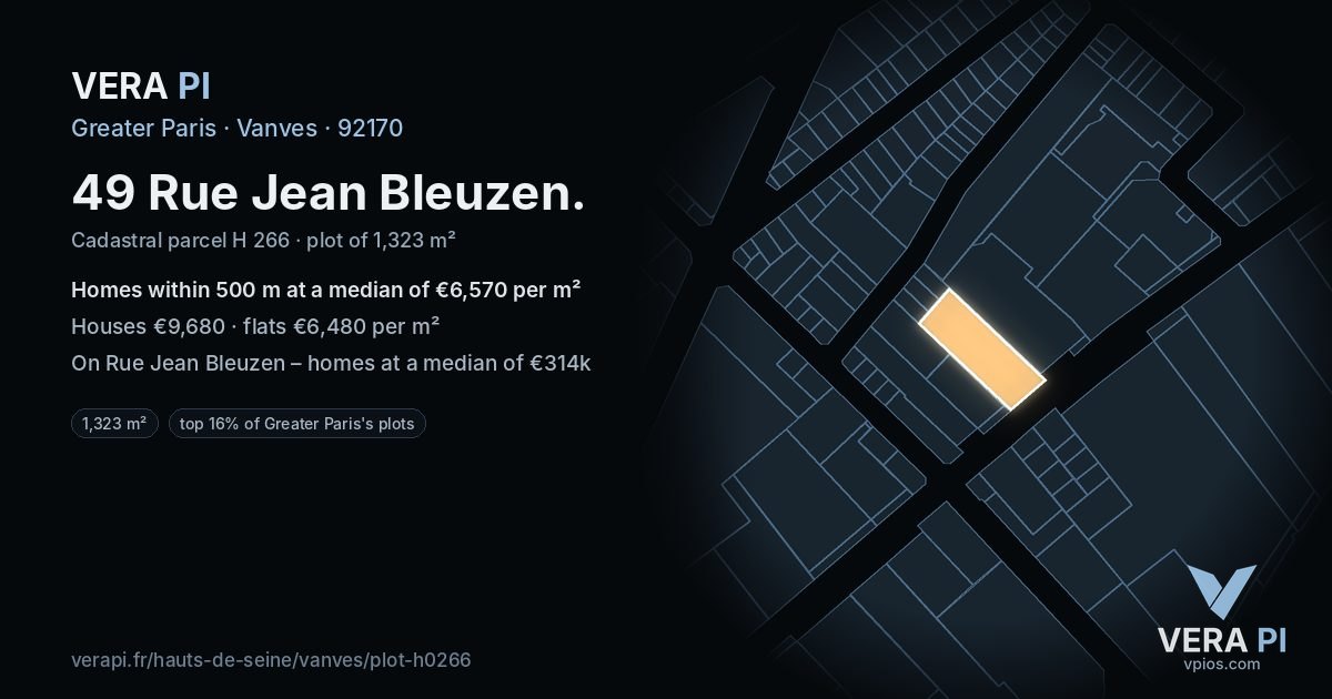 49 Rue Jean Bleuzen, Vanves at night – the plot lit, the parcels around coloured by the prices near them