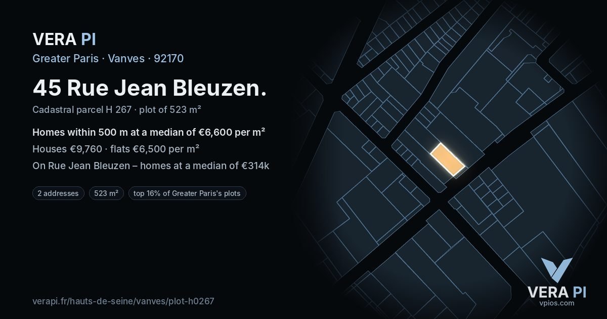 45 Rue Jean Bleuzen, Vanves at night – the plot lit, the parcels around coloured by the prices near them