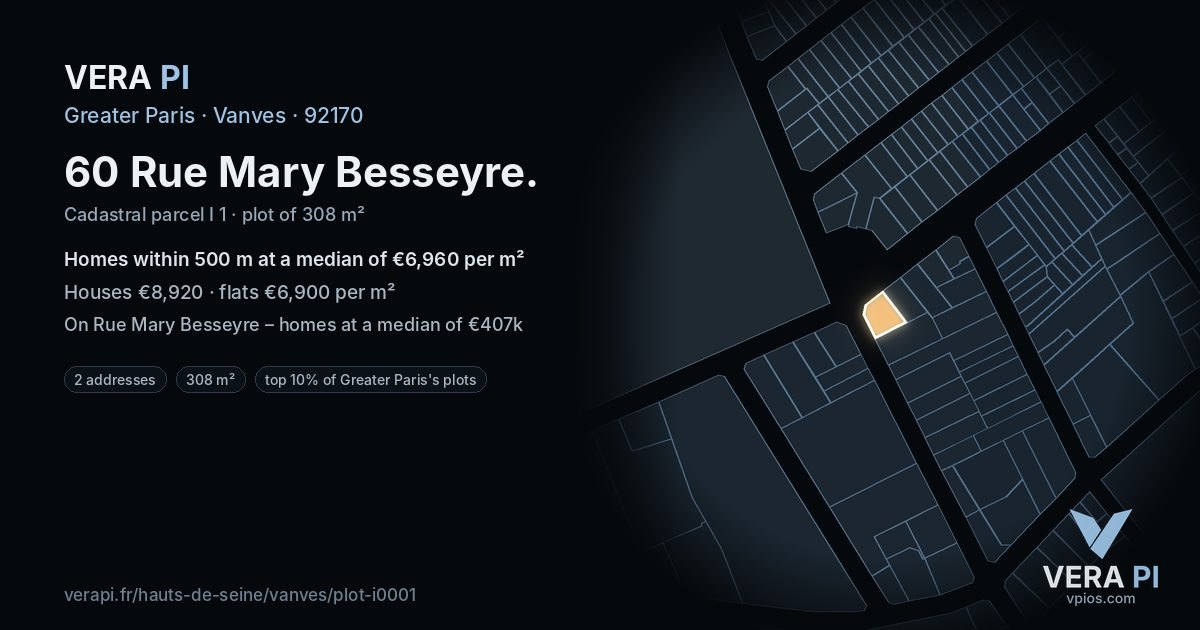 60 Rue Mary Besseyre, Vanves at night – the plot lit, the parcels around coloured by the prices near them
