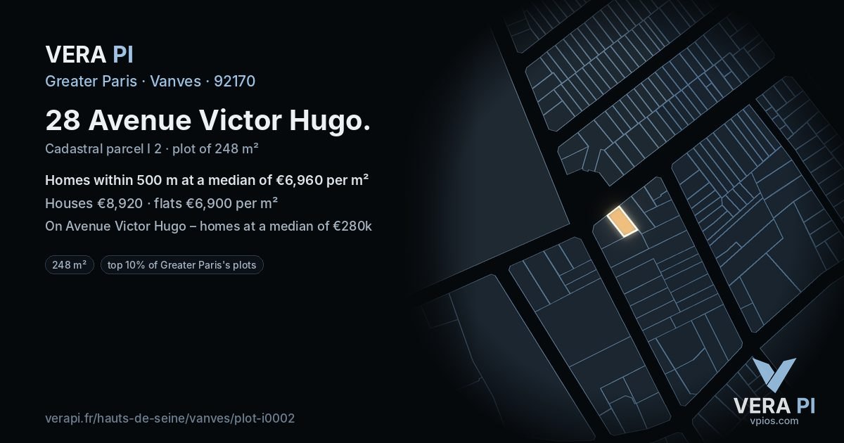 28 Avenue Victor Hugo, Vanves at night – the plot lit, the parcels around coloured by the prices near them