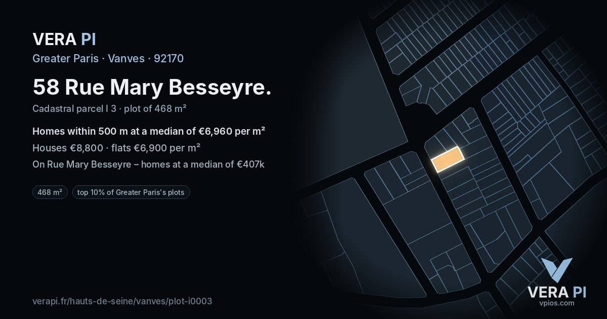 58 Rue Mary Besseyre, Vanves at night – the plot lit, the parcels around coloured by the prices near them