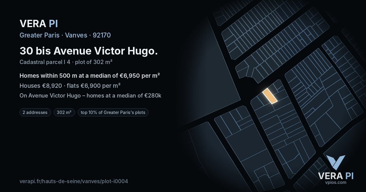 30 bis Avenue Victor Hugo, Vanves at night – the plot lit, the parcels around coloured by the prices near them