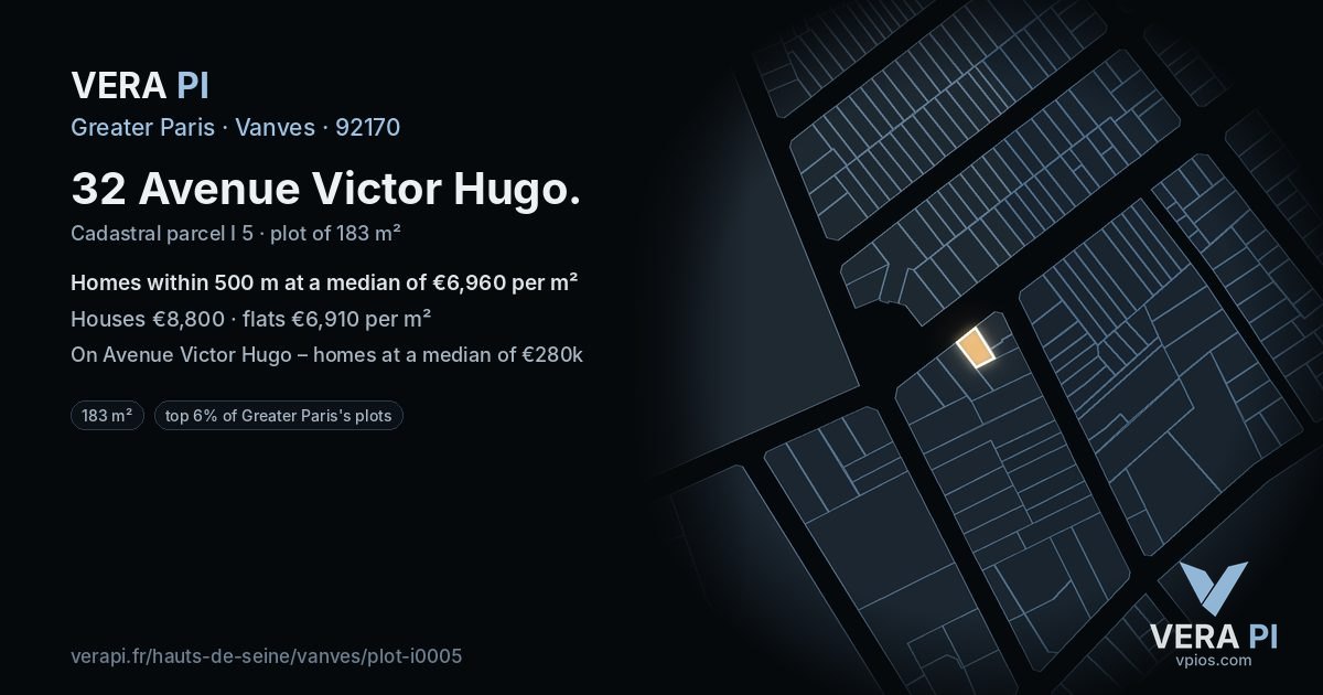 32 Avenue Victor Hugo, Vanves at night – the plot lit, the parcels around coloured by the prices near them
