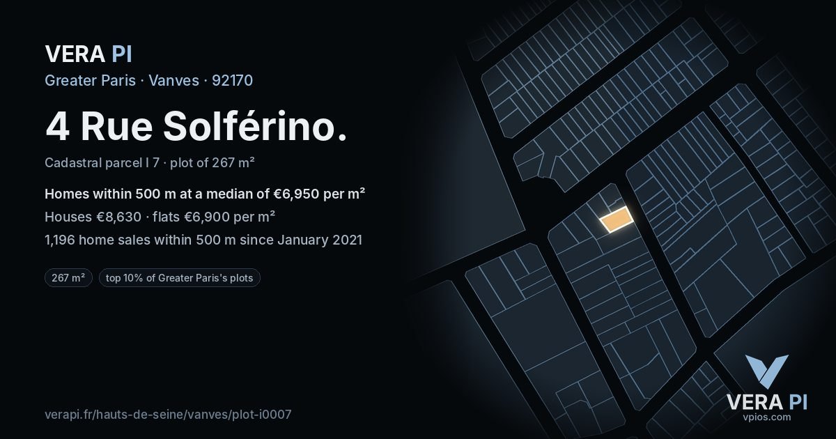 4 Rue Solférino, Vanves at night – the plot lit, the parcels around coloured by the prices near them